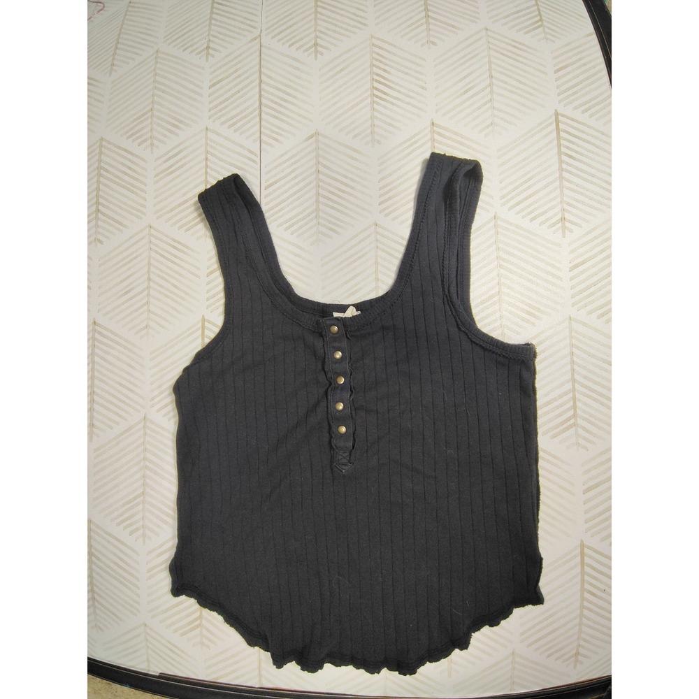 Free People Black Ribbed Henley Tank Top Curved Lettuce Hem Scoop Sleeveless